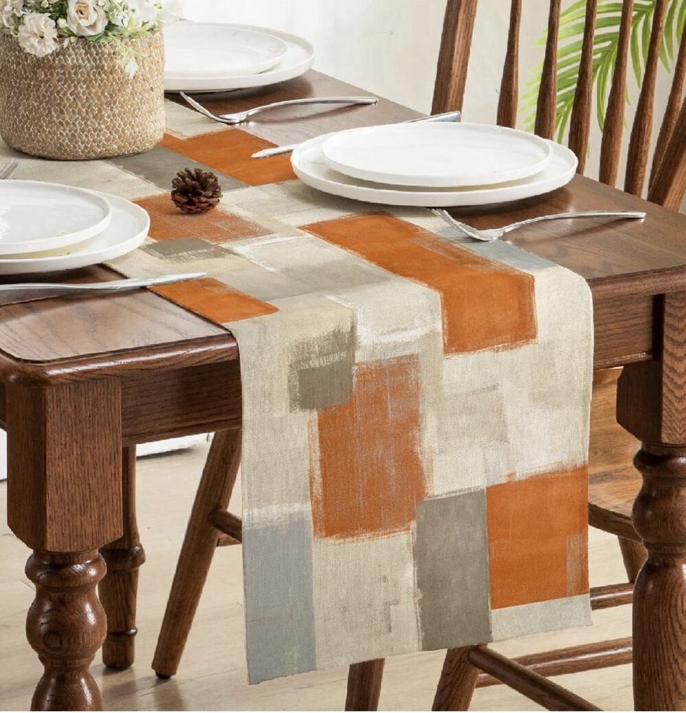 Table Runner Fall Thanksgiving Seasonal Watercolor Orange Grey 13X36 New